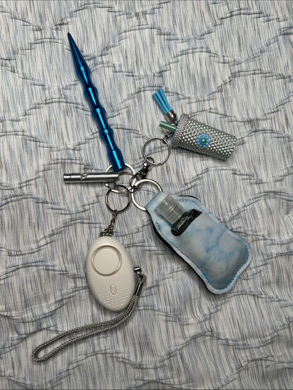 Personal Safety Keychain Set with Blue Kubotan and Hand Sanitizer Holder